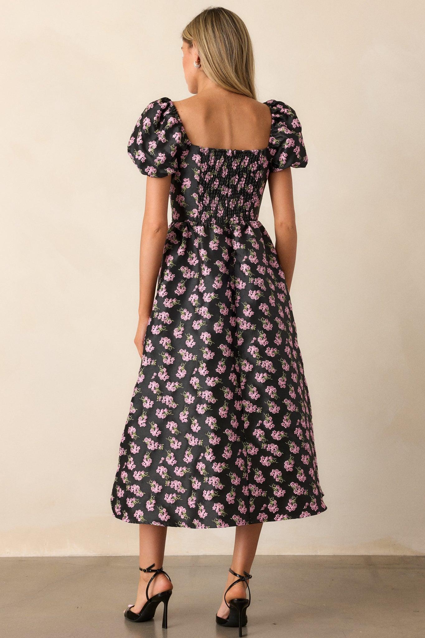 Time Flies Black Floral Jacquard Puff Sleeve Midi Dress Product Image