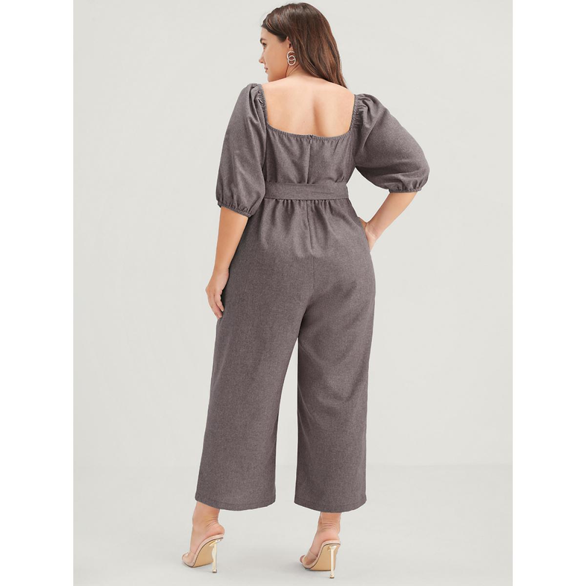 Plus Size Burgundy Plain Fake Button Pocket Puff Sleeve Square Neck Belted Jumpsuit Women Office Half Sleeve Square Neck Work Loose Jumpsuits BloomChic 22-24/3X Product Image