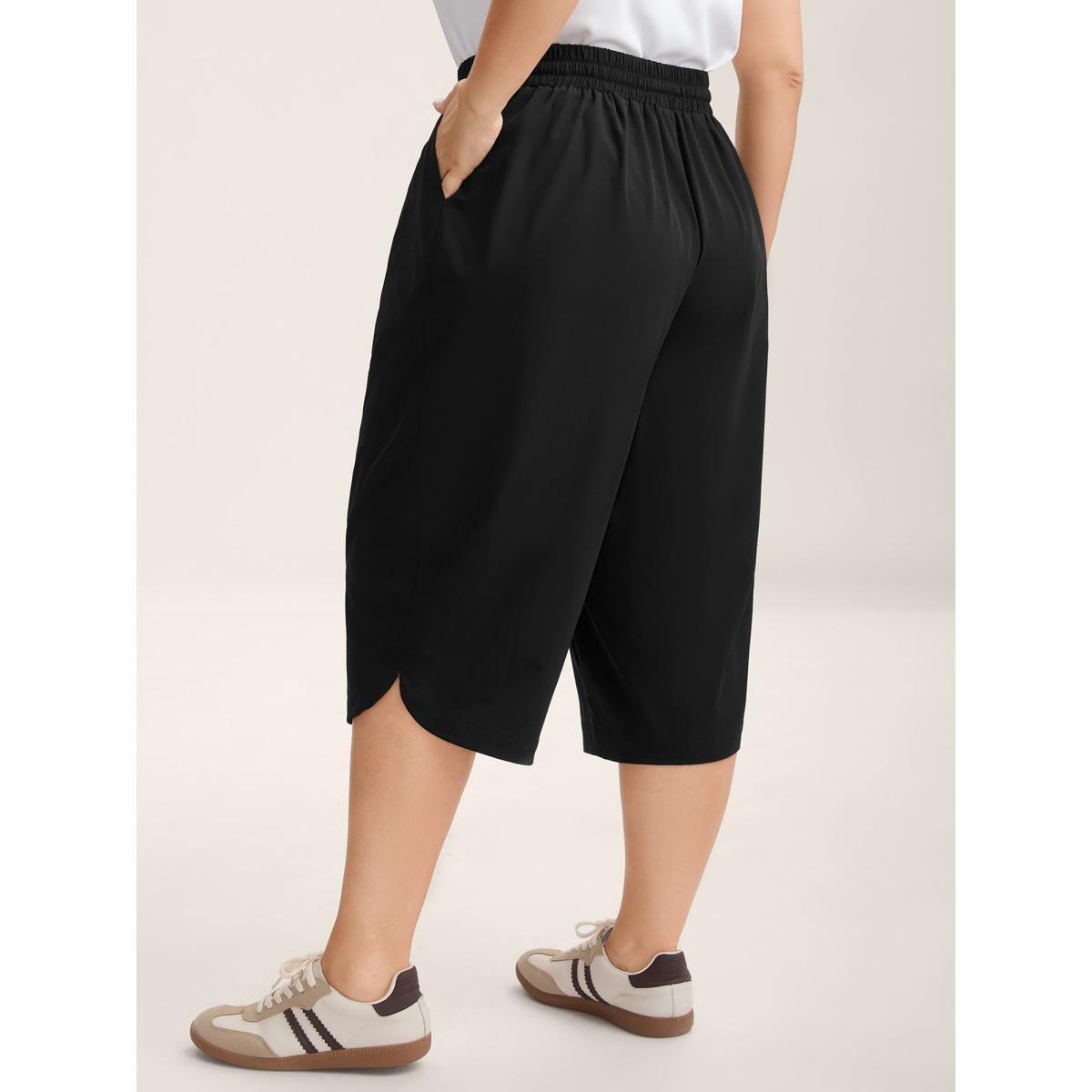 Plus Size Shirred Waist Tie Straight-Leg Crop Pants Women Black Leisure Straight Leg Mid Rise Casual Pants BloomChic 12/L Product Image