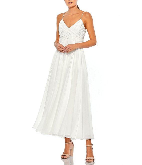 Mac Duggal Chiffon V-Neck Sleeveless Faux Wrap Flowy Midi Dress Product Image