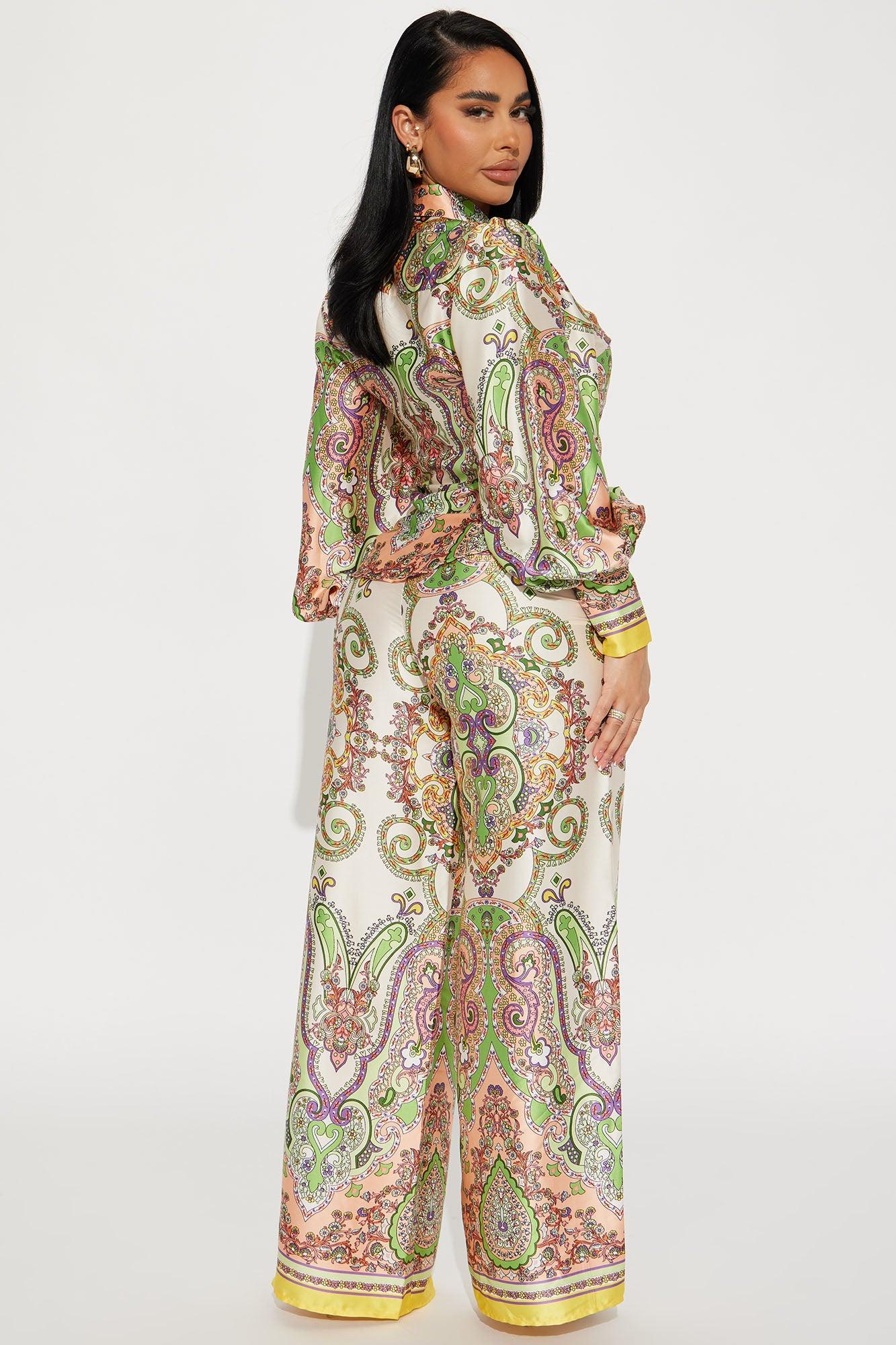 Maldives Satin Pant Set - Green/combo Product Image