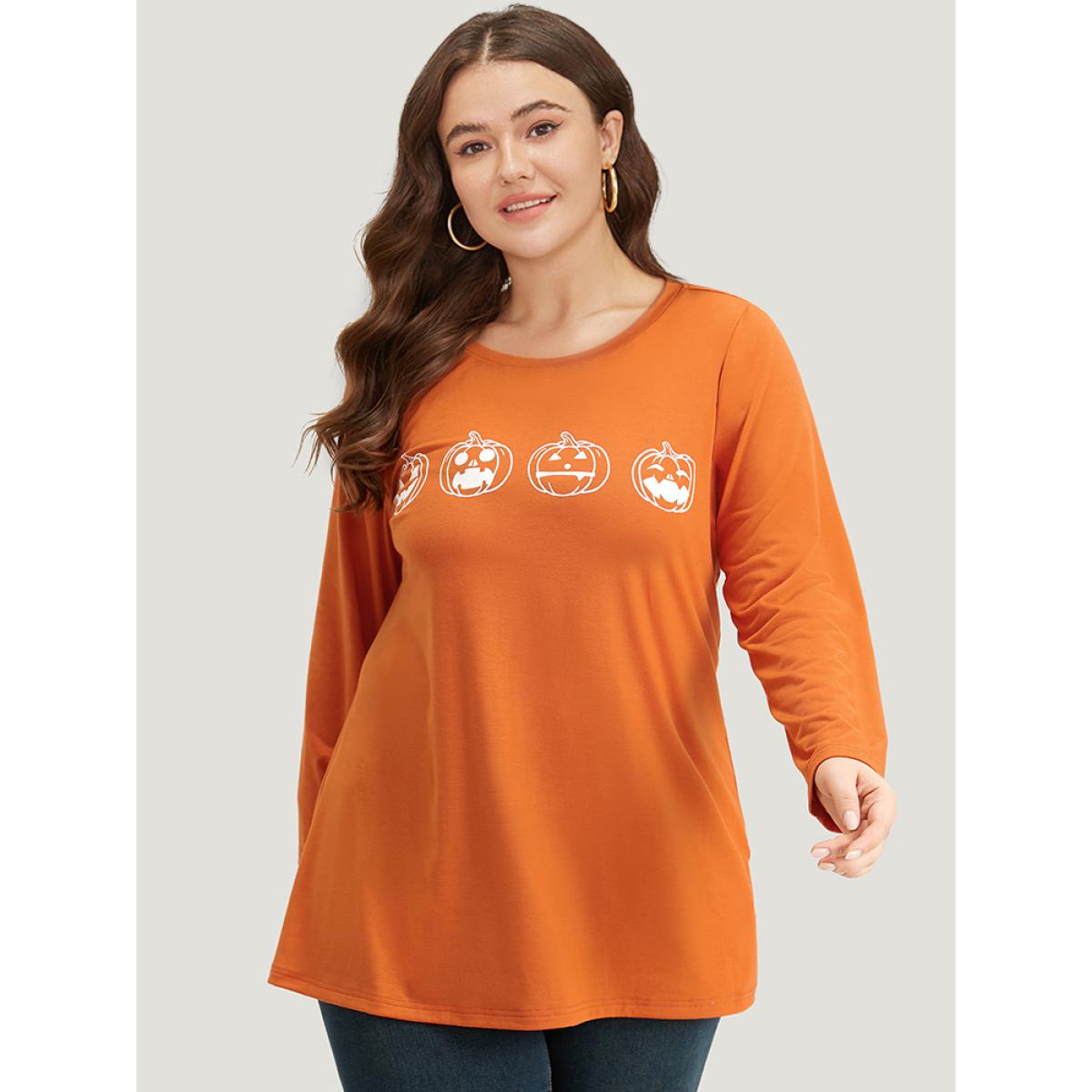 Plus Size Halloween Pumpkin Print Round Neck T-shirt Chocolate Women Casual Printed Halloween Festival-Halloween T-shirts BloomChic 22-24/3X Product Image