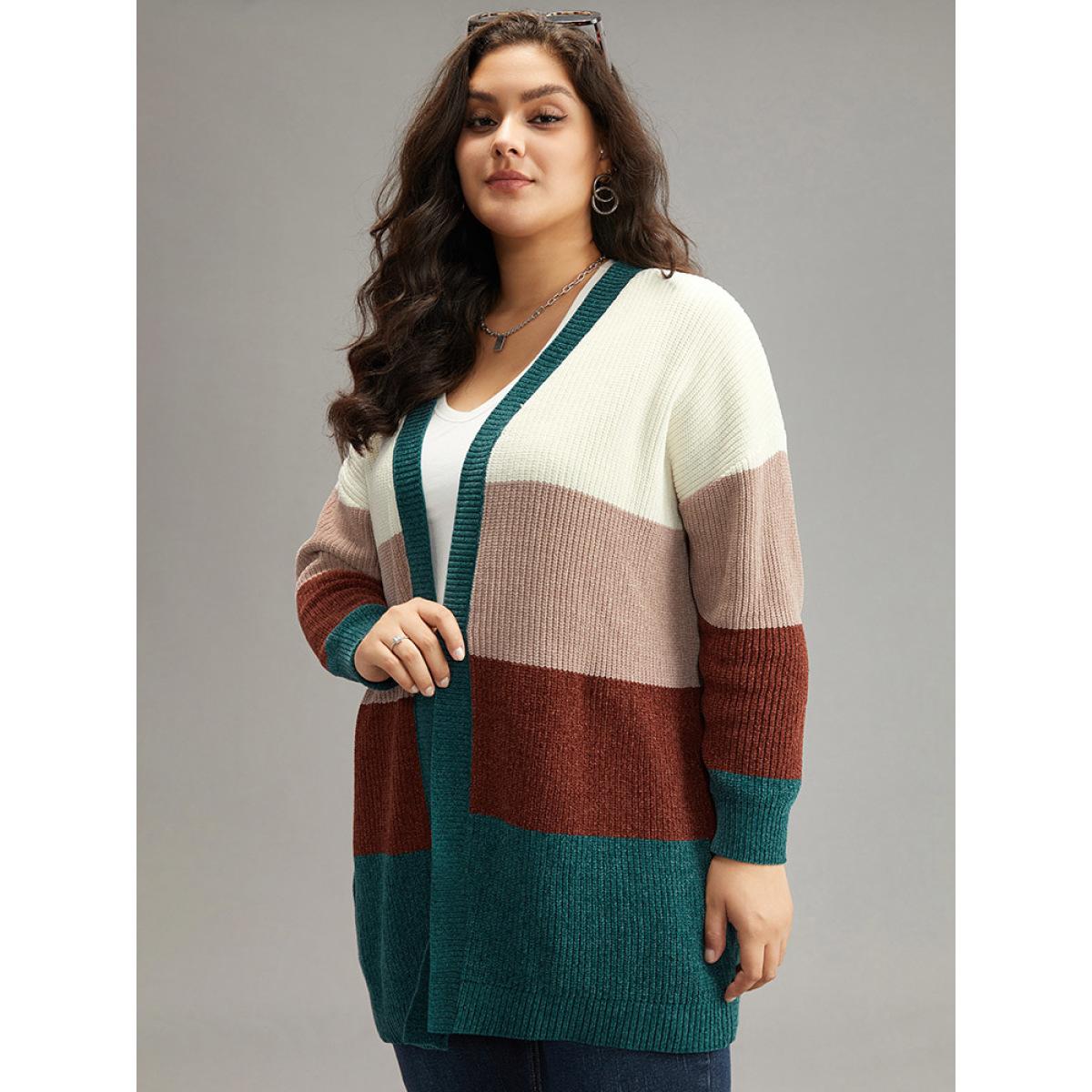 Plus Size Colorblock Contrast Open Front Cardigan Multicolor Women Casual Loose Long Sleeve Festival-Christmas Cardigans BloomChic 28/5X Product Image