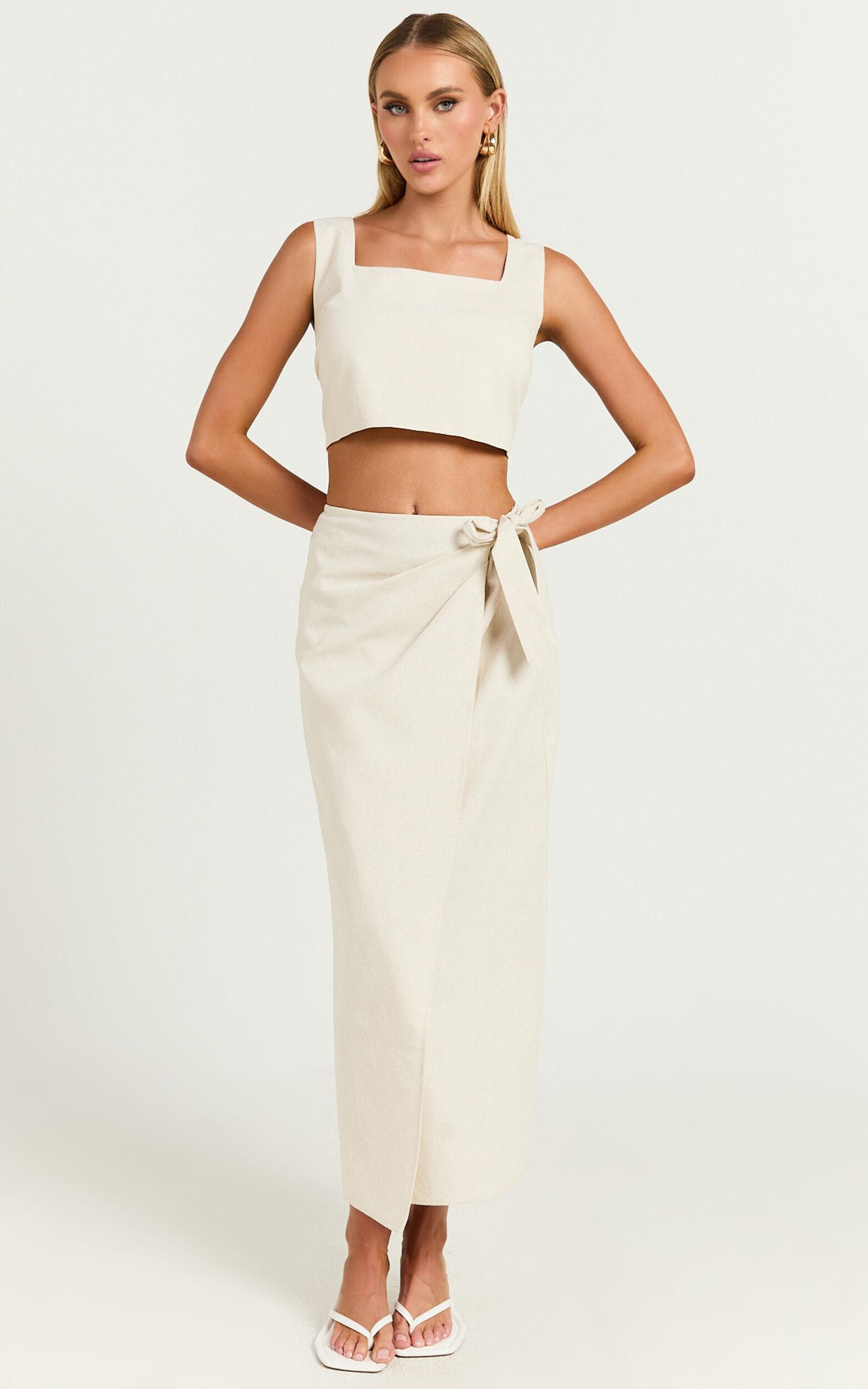 Genna Midi Skirt - Linen Look Wrap Skirt in Natural Product Image