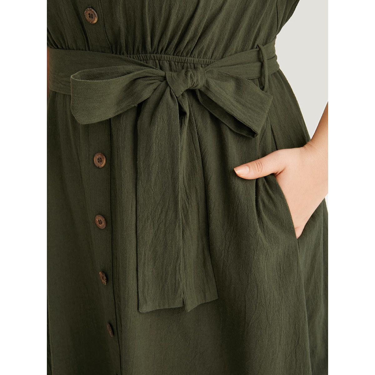Plus Size Solid Shirt Collar Belted Button Up Tank Dress ArmyGreen Women Office Plain Shirt collar Sleeveless Curvy Knee Dress BloomChic 26/4X Product Image