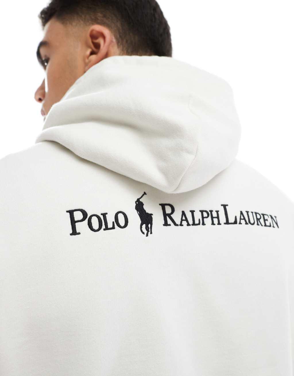Polo Ralph Lauren script icon logo back print heavyweight relaxed fit hoodie in cream Product Image