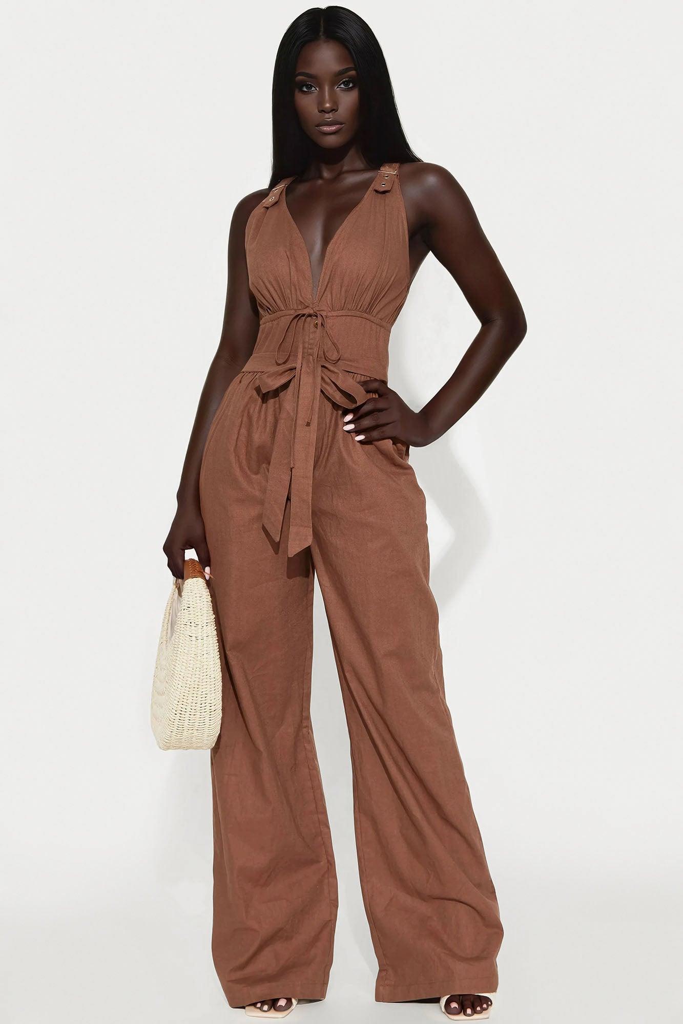 Wild About You Linen Jumpsuit - Brown Female Product Image