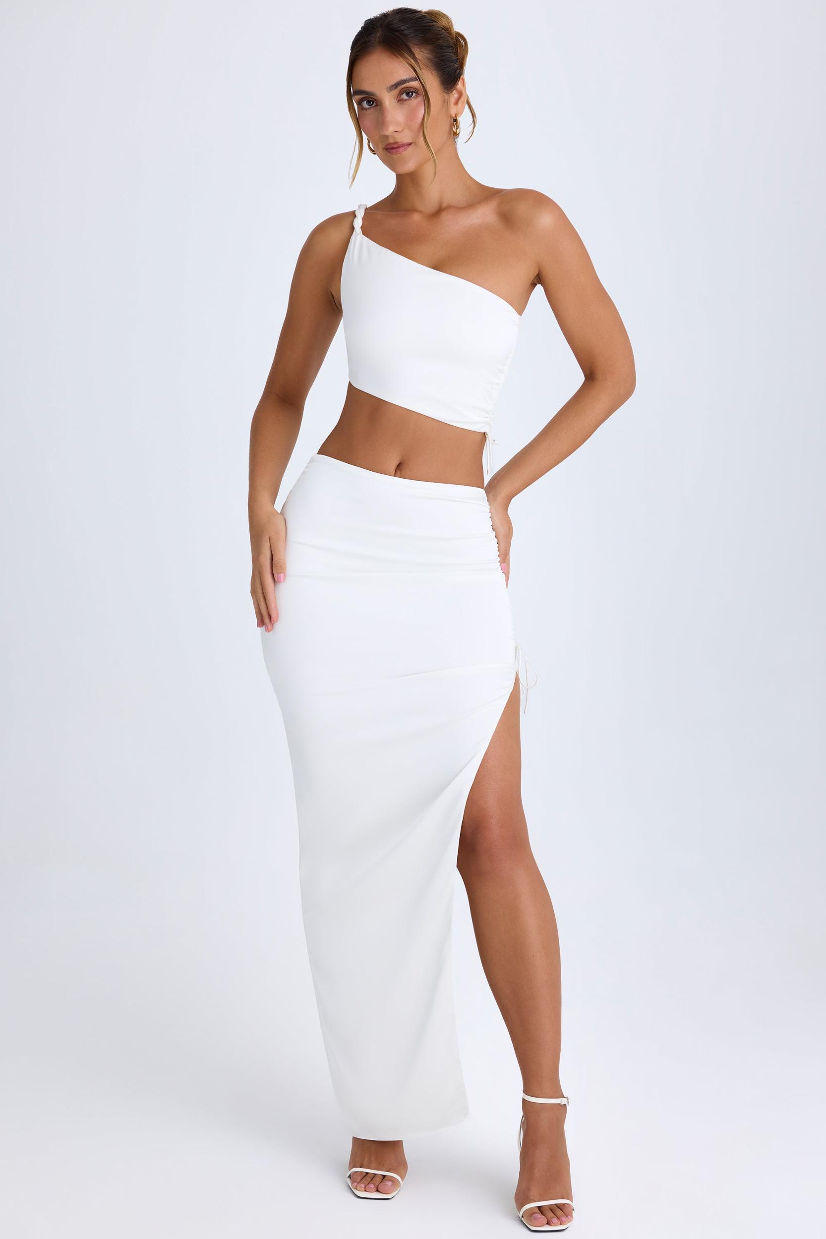 Ruched Asymmetric-Waist Maxi Skirt in White Product Image