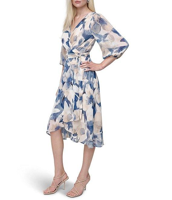 DKNY by Donna Karan Woven Floral Print V Neck 3/4 Sleeve Faux Wrap Fit and Flare Midi Dress Product Image