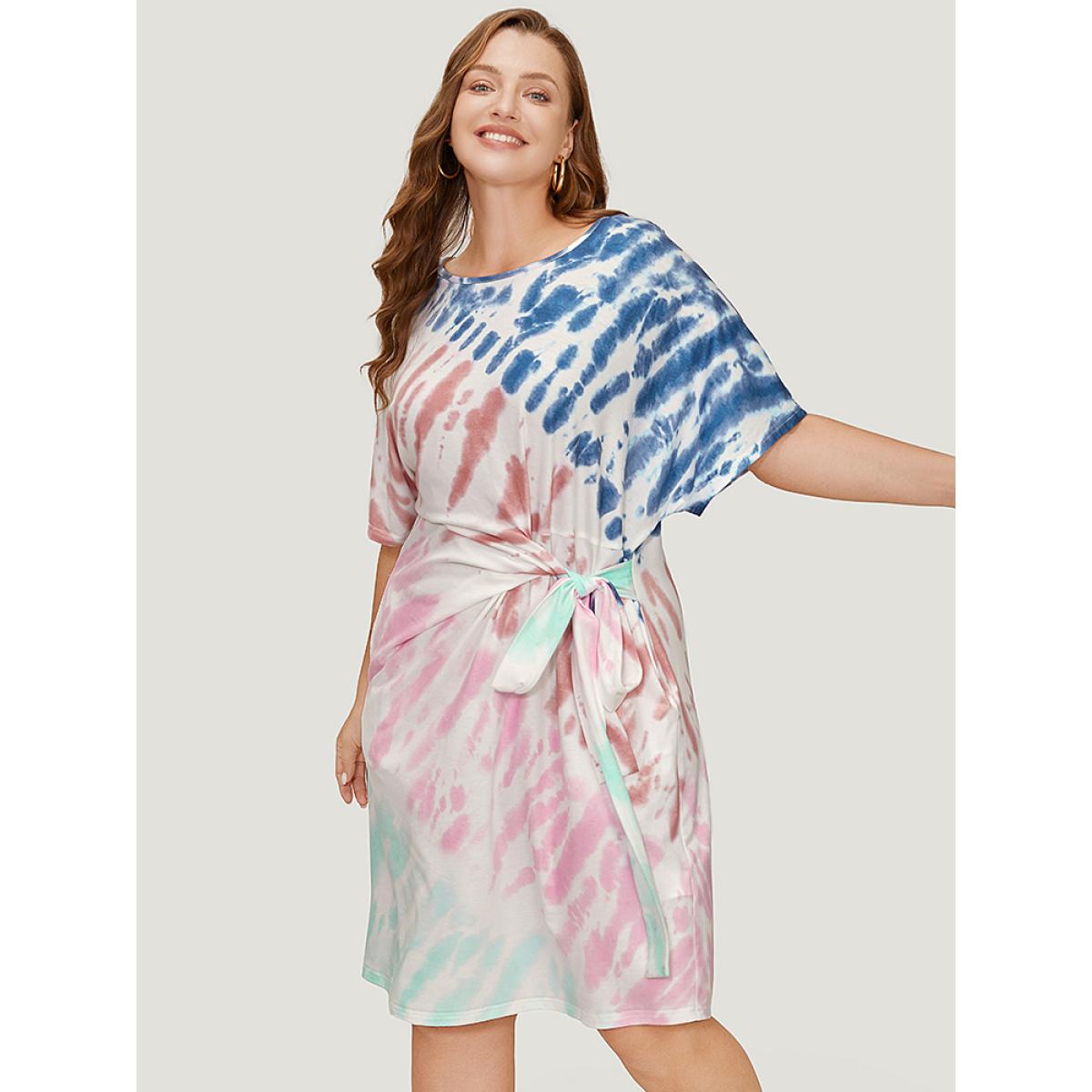 Plus Size Tie Dye Dolman Sleeve Pocket Knot Side Dress Multicolor Women Casual Knotted Round Neck Short sleeve Curvy Midi Dress BloomChic 18-20/2X Product Image