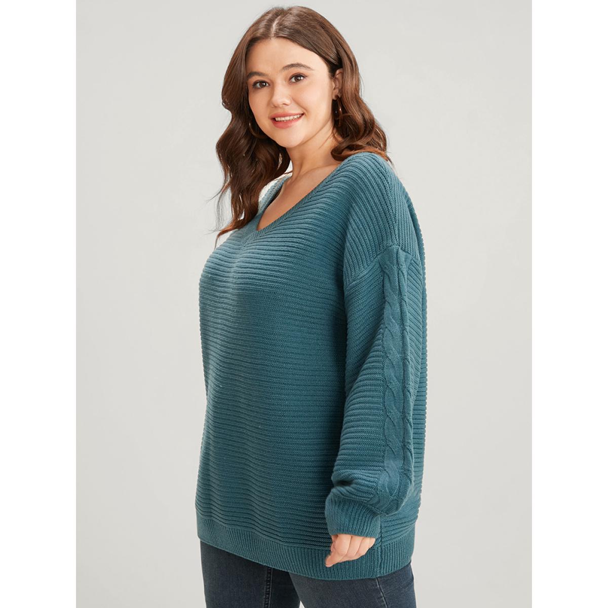 Plus Size Solid Pointelle Knit V Neck Lantern Sleeve Cable Knit Top Emerald Women Casual Loose Long Sleeve V-neck Dailywear Pullovers BloomChic 14-16/1X Product Image