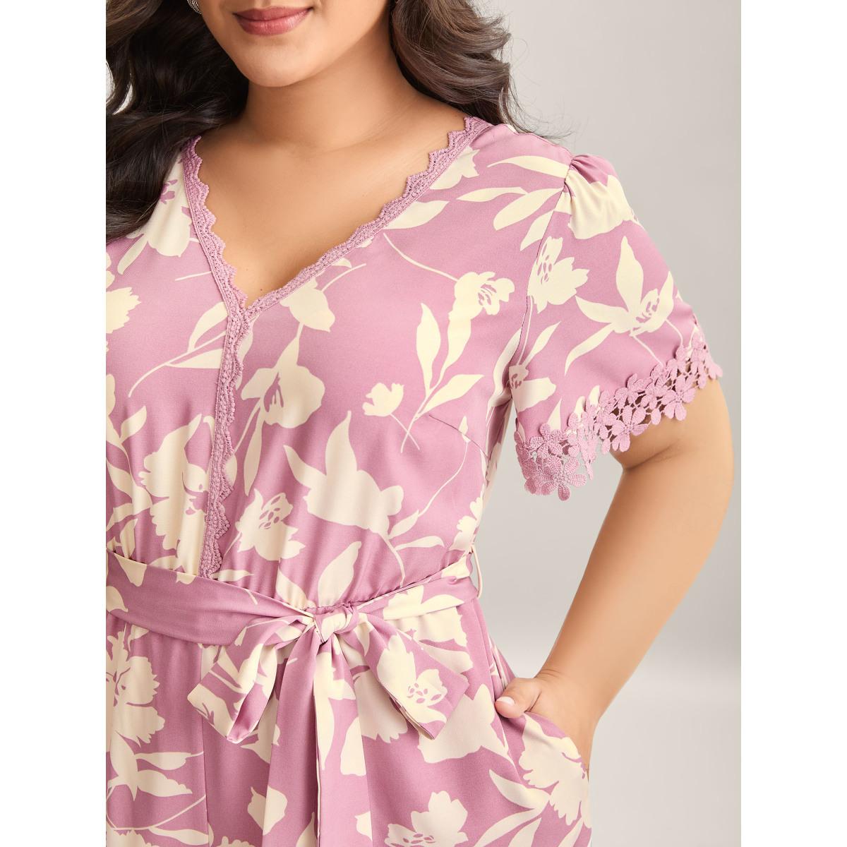 Plus Size Beanpastepowder Floral Print Back Tie Jumpsuit Women Timeless Short sleeve V-neck Elegant Loose Jumpsuits BloomChic 26/4X Product Image