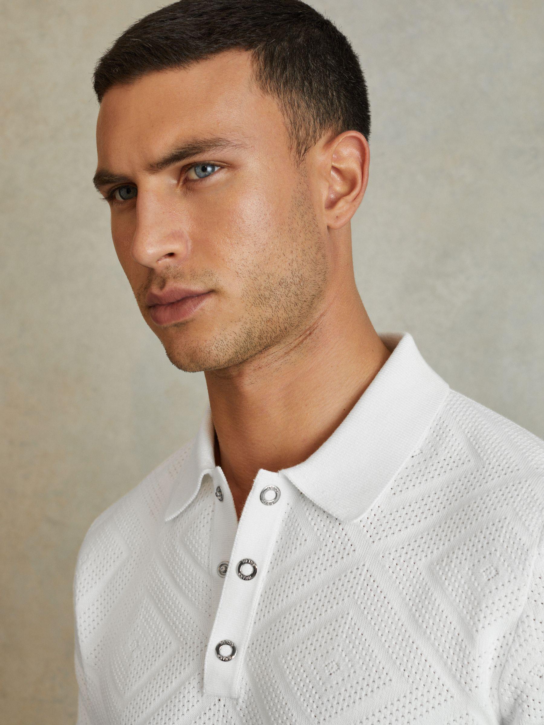 Cotton Textured Press-Stud Polo Shirt in Optic White Product Image