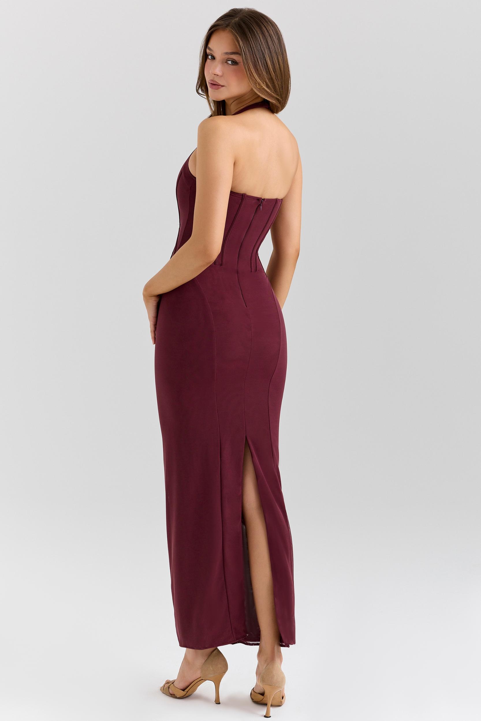 Lusilla  grape stretch mesh halter neck midi dress Product Image