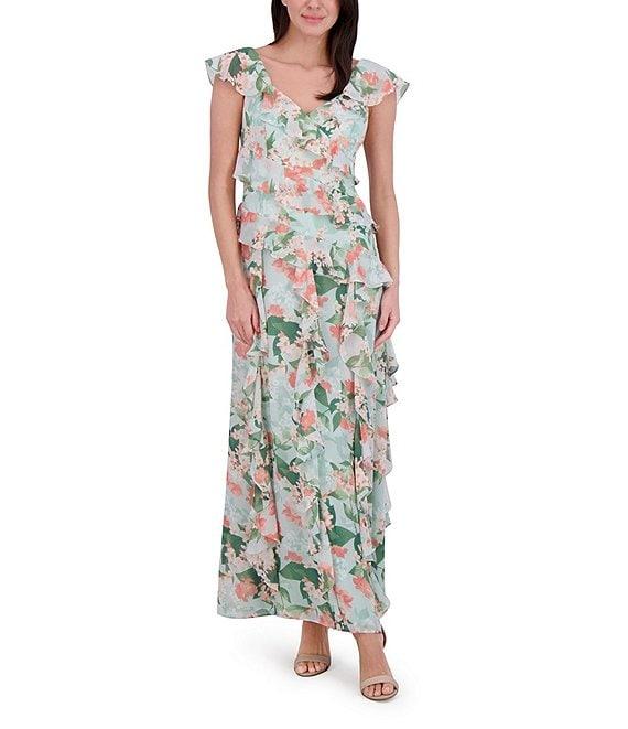 Eliza J Chiffon Floral Print V Neck Cap Sleeve Ruffle Fit and Flare Gown Product Image