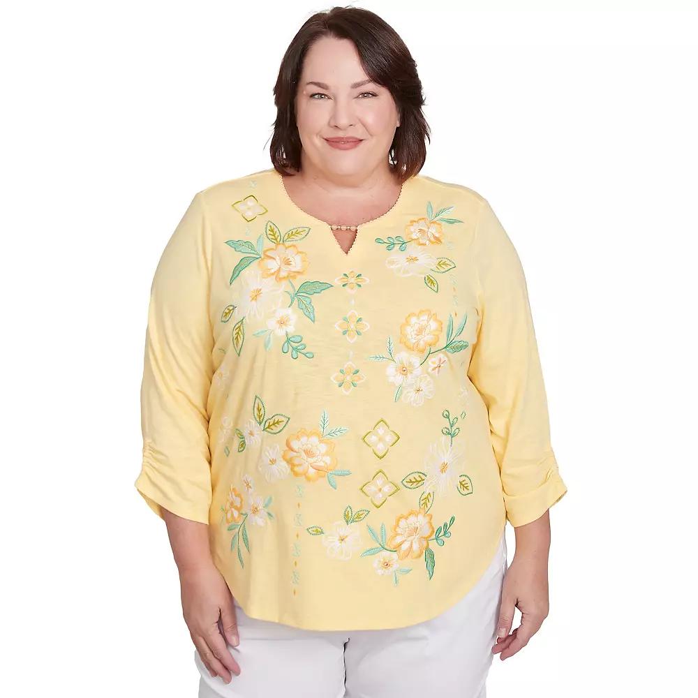 Plus Size Alfred Dunner Sunny Floral Embroidered Splitneck Top, Women's, Size: 3XL, Yellow Product Image