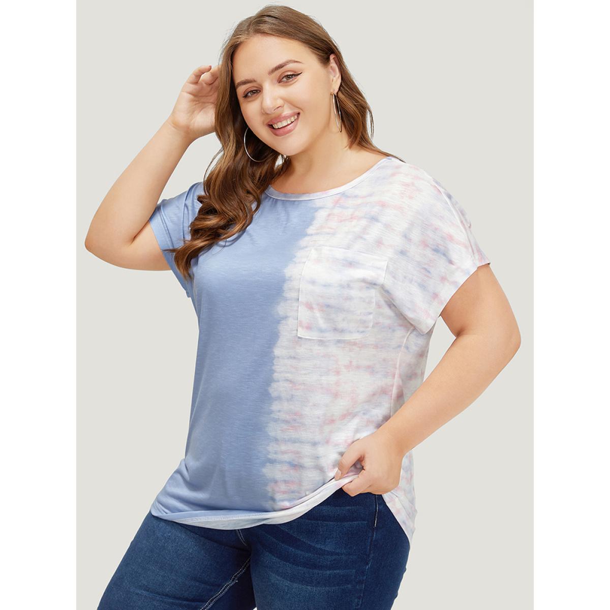 Plus Size Tie Dye Batwing Sleeve Cut Out Two Tone T-shirt Multicolor Women Casual Contrast Colorblock Round Neck Dailywear T-shirts BloomChic 18-20/2X Product Image