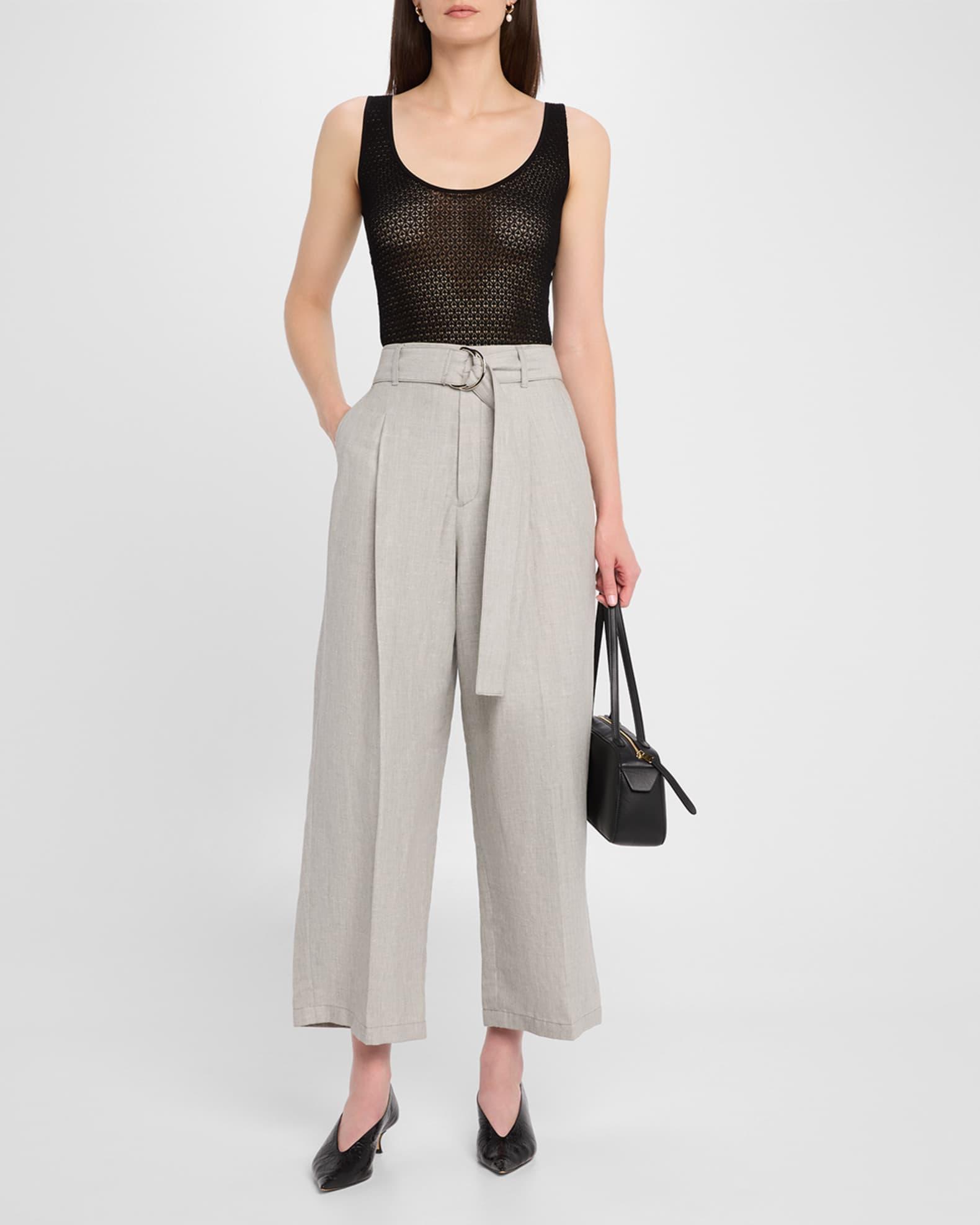 Chambray Belted Wide-Leg Cropped Pants Product Image