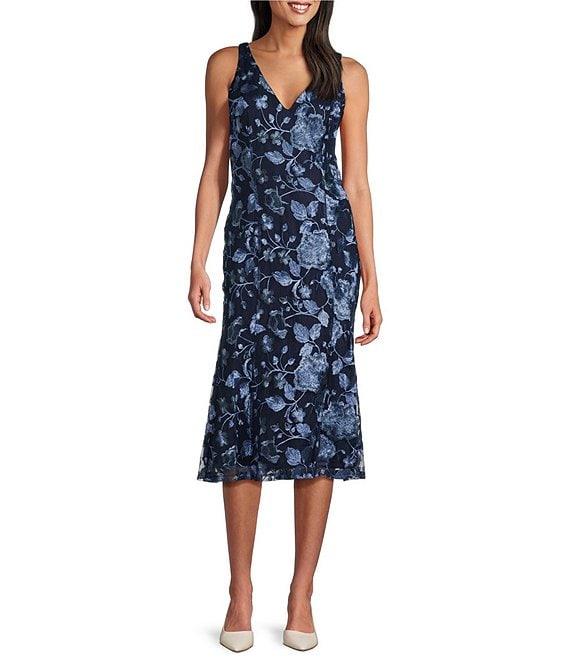 Marina Embroidered Lace V-Neck Sleeveless Midi Sheath Dress Product Image