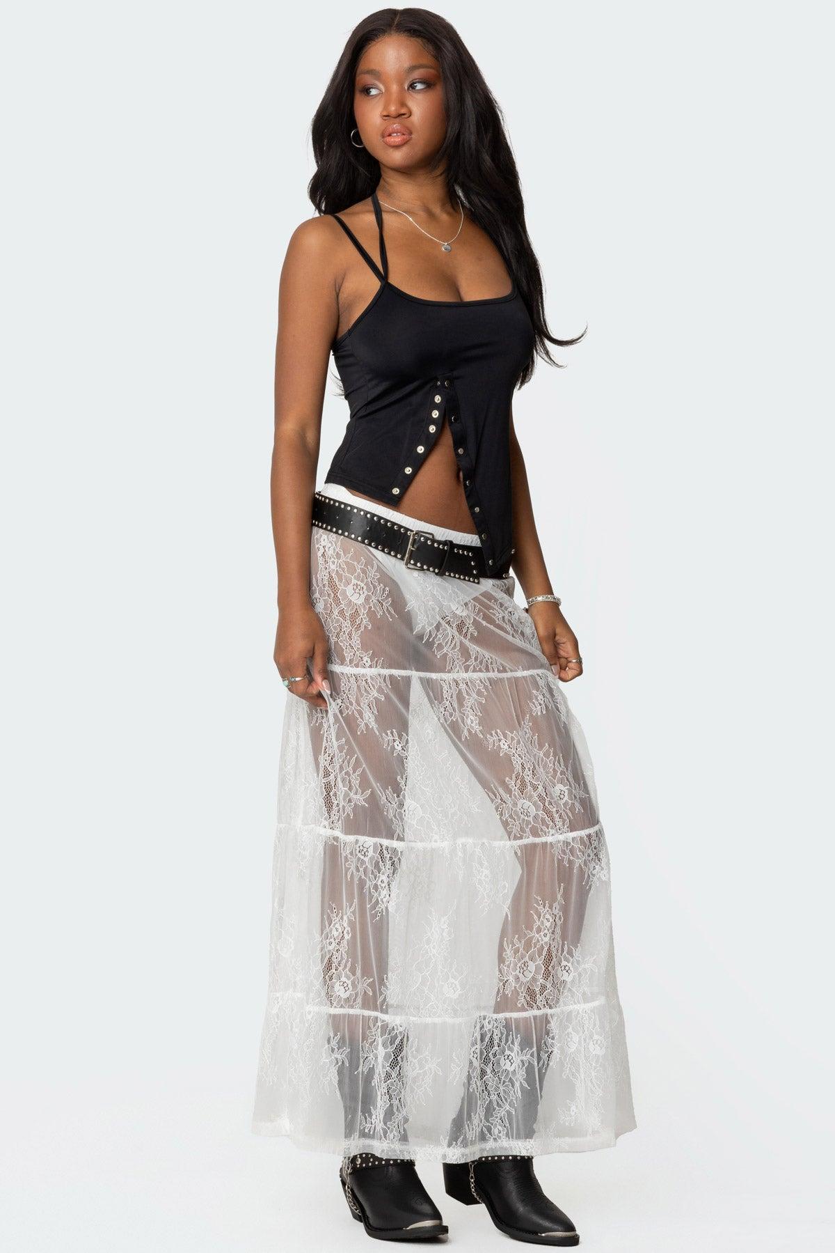 Tiered Sheer Lace Maxi Skirt Product Image