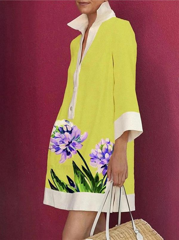 A-Line Loose Buttoned Flower Print Stand Collar Mini Dresses Product Image