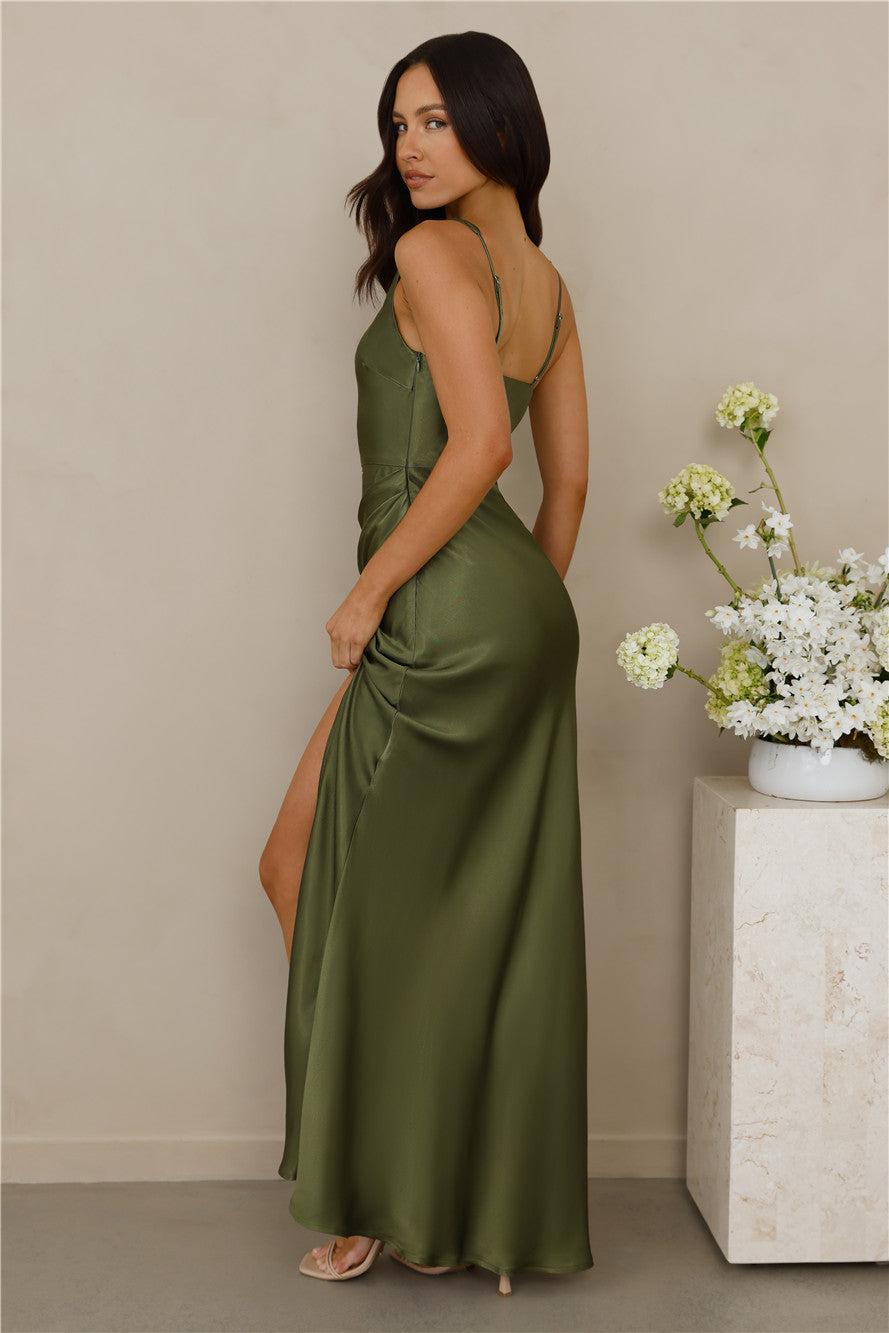 The Evelina Satin Maxi Dress Olive Product Image