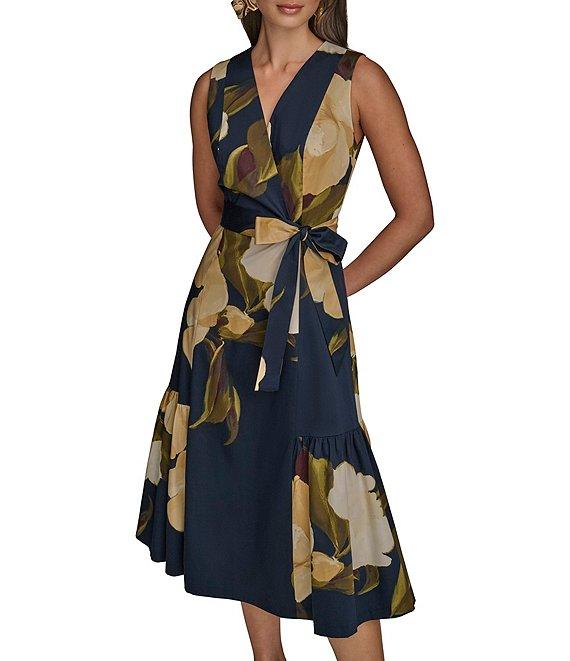 Donna Karan Floral Print V-Neck A-Line Midi Dress Product Image