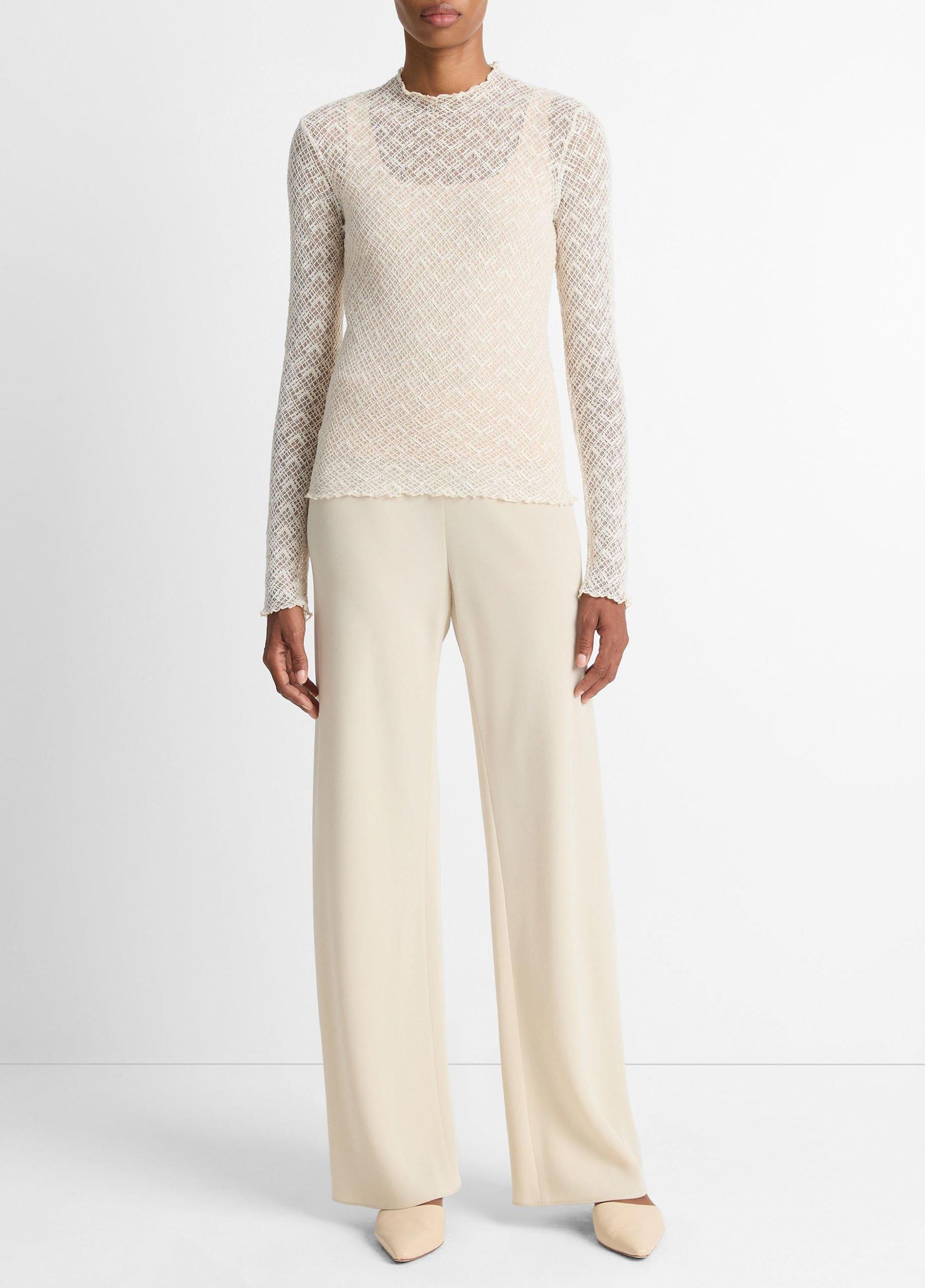 Cotton-Blend Diamond Lace Mock-Neck Long-Sleeve Top Product Image