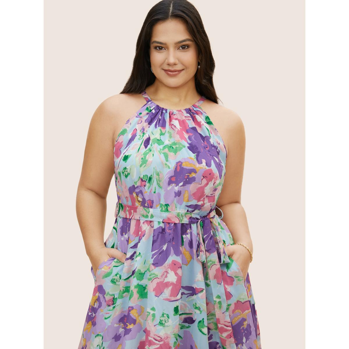 Plus Size Halter Neck Watercolor Floral Belted Dress LightBlue Women Elegant Gathered Halter neck Sleeveless Curvy BloomChic 18-20/2X Product Image