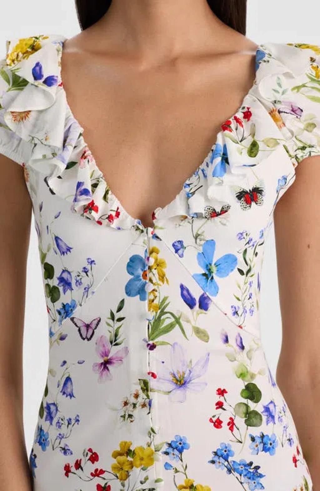 ALICE AND OLIVIA Tara Short Sleeve Ruffle A Line Dress In White Product Image