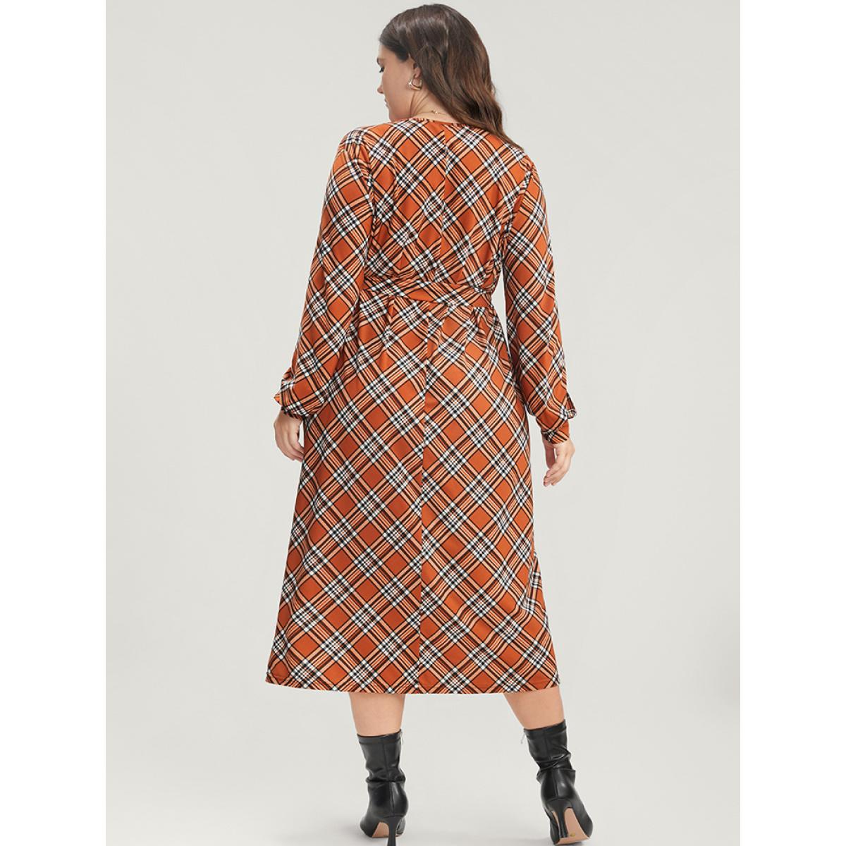 Plus Size Tartan Round Neck Pocket Belted Midi Dress Chocolate Women Elegant Belted Round Neck Long Sleeve Curvy Midi Dress BloomChic 28/5X Product Image