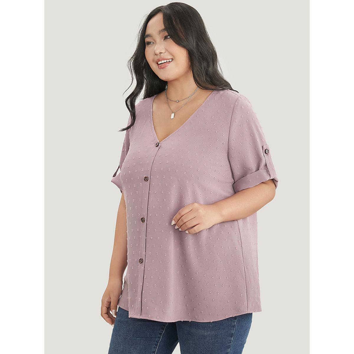 Plus Size Mauve Polka Dot V Neck Button Detail Cuffed Sleeve Blouse Women Office Elbow-length sleeve V-neck Office Blouses BloomChic 28/5X Product Image