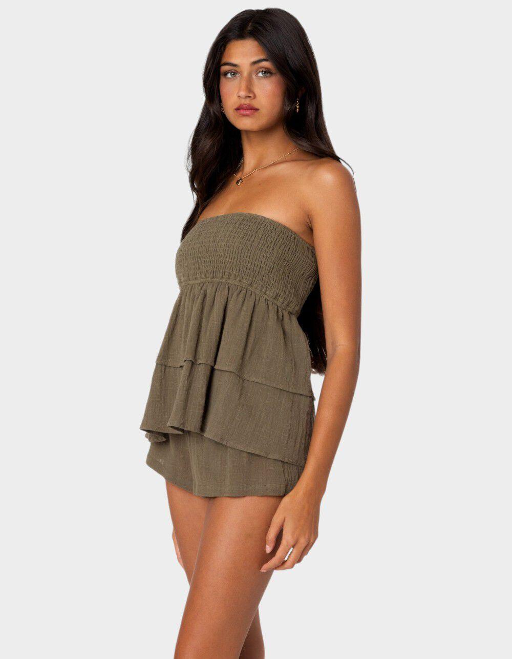 EDIKTED Harleigh Ruffled Linen Look Tube Top - DK GREEN Product Image