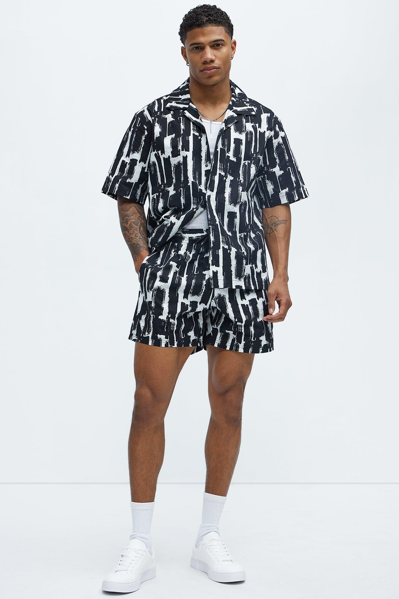 Seersucker Printed Short Sleeve Cuban Collar Shirt - Black/combo Product Image