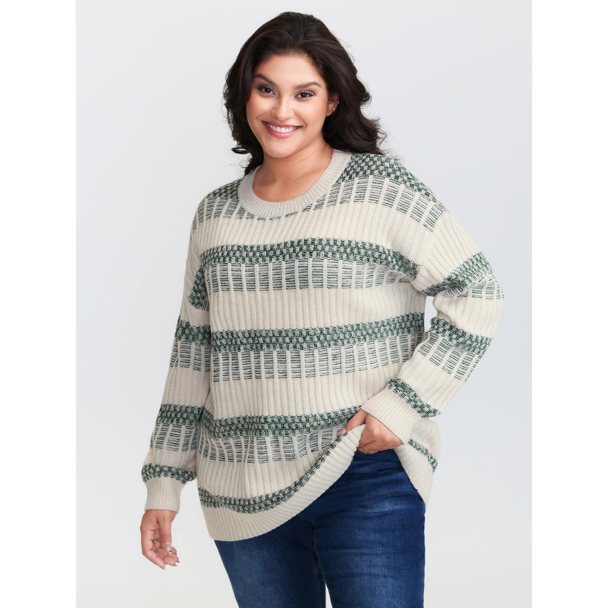 Plus Size Color Stripes Textured Round Neck Pullover DarkGreen Women Leisure Loose Long Sleeve Round Neck Casual Pullovers BloomChic 28/5X Product Image