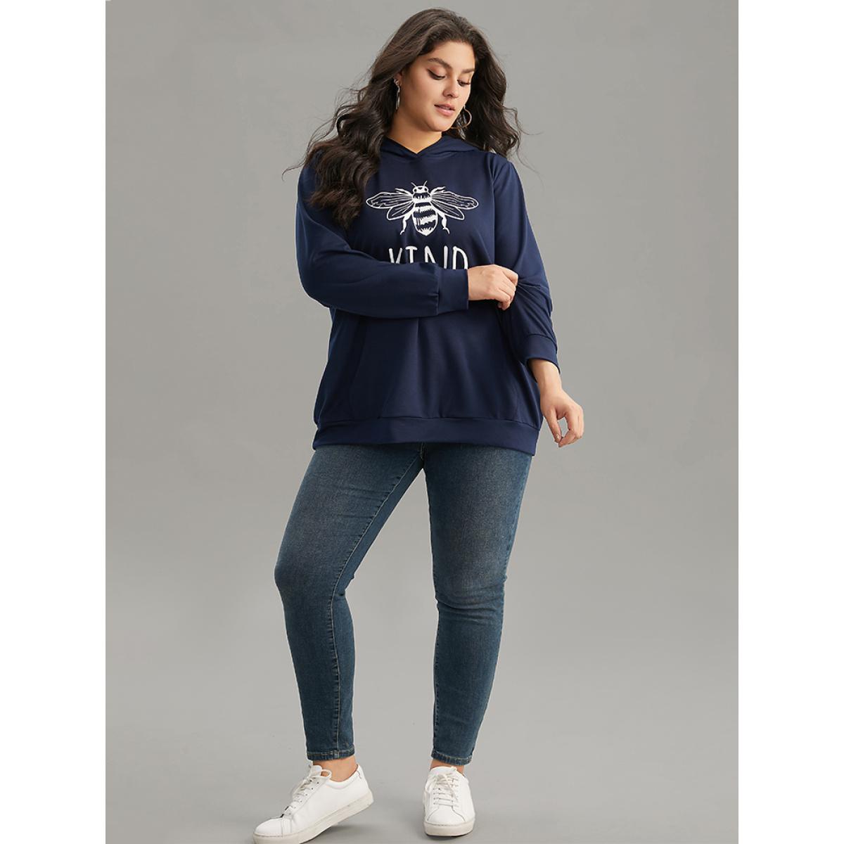 Plus Size Bee Print Hooded Kangaroo Pocket Sweatshirt Women Indigo Casual Printed Everyday Sweatshirts BloomChic 26/4X Product Image