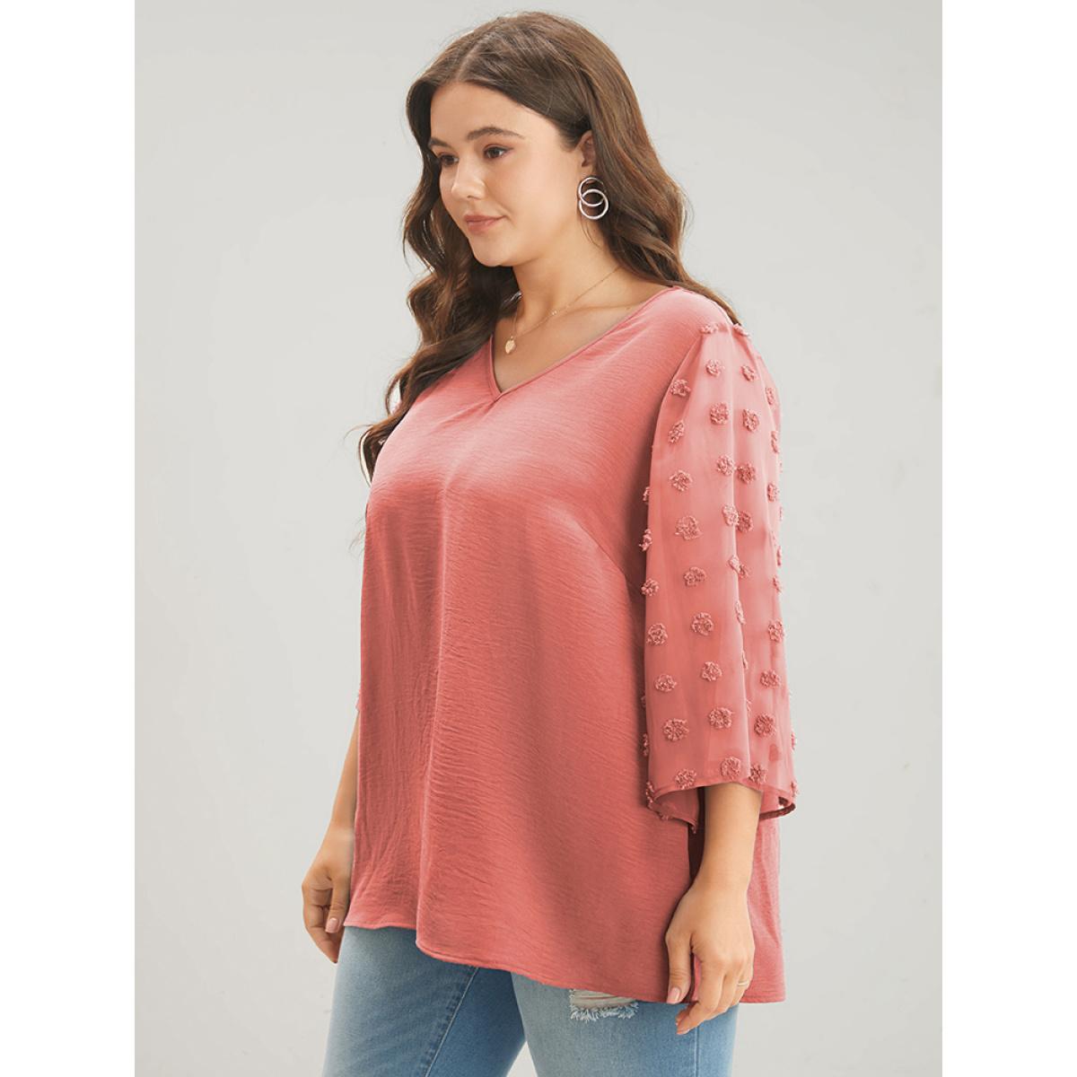 Plus Size DustyPink Polka Dot Mesh Patchwork Flounce Sleeve Blouse Women Casual Elbow-length sleeve V-neck Dailywear Blouses BloomChic 30/6X Product Image