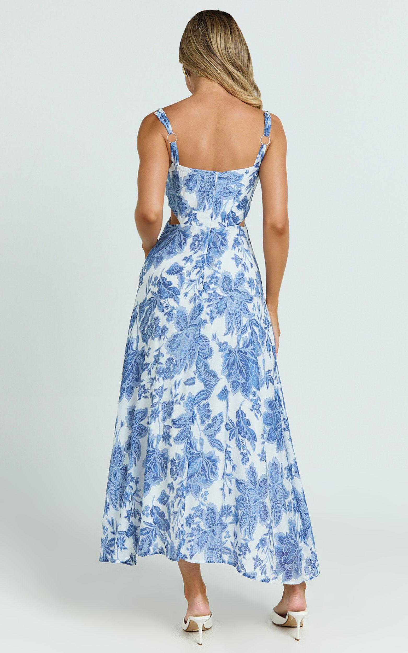 Jackleyn Midi Dress - Sweetheart A Line Dress in Blue Floral Product Image