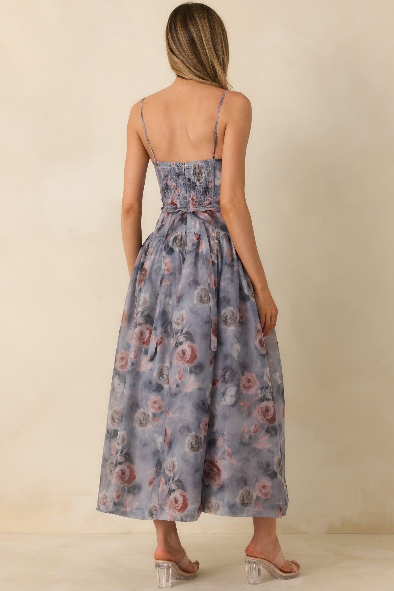 Bloom Service Grey Multi Floral Cutout Bodice Midi Dress Product Image