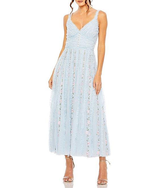 Mac Duggal V-Neck Sleeveless Floral Embroidered Ruffled A-Line Maxi Dress Product Image