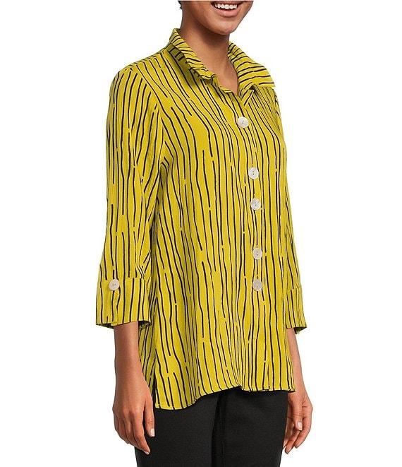 Ali Miles Crinkle Woven Abstract Stripe Wire Collar 3/4 Sleeve Button Front Tunic Product Image