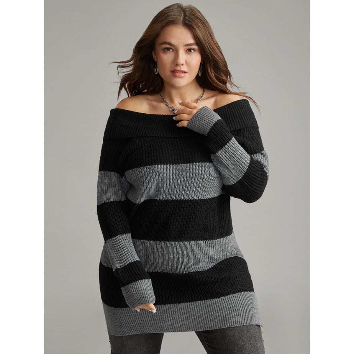 Plus Size Colorblock Drop Shoulder Lapel Collar Pullover Black Women Casual Loose Long Sleeve Lapel Collar Festival-Halloween Pullovers BloomChic 12/L Product Image