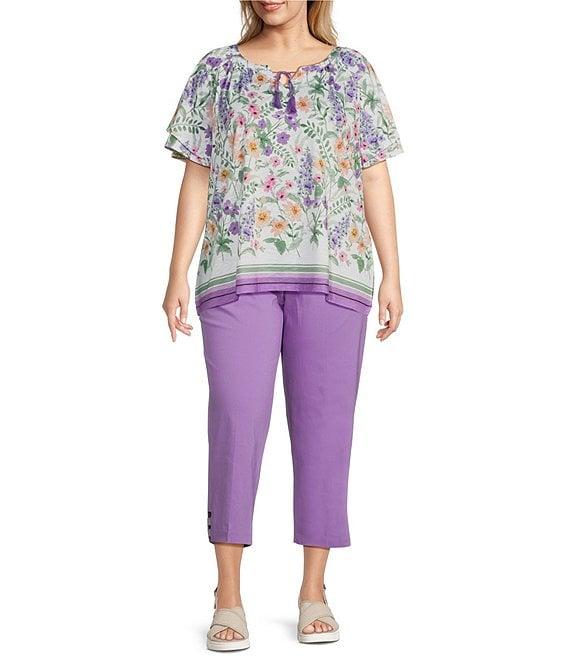 Allison Daley Plus Size Wildflower Border Print Flutter Sleeve Tassel Tie Neck Knit Top Product Image