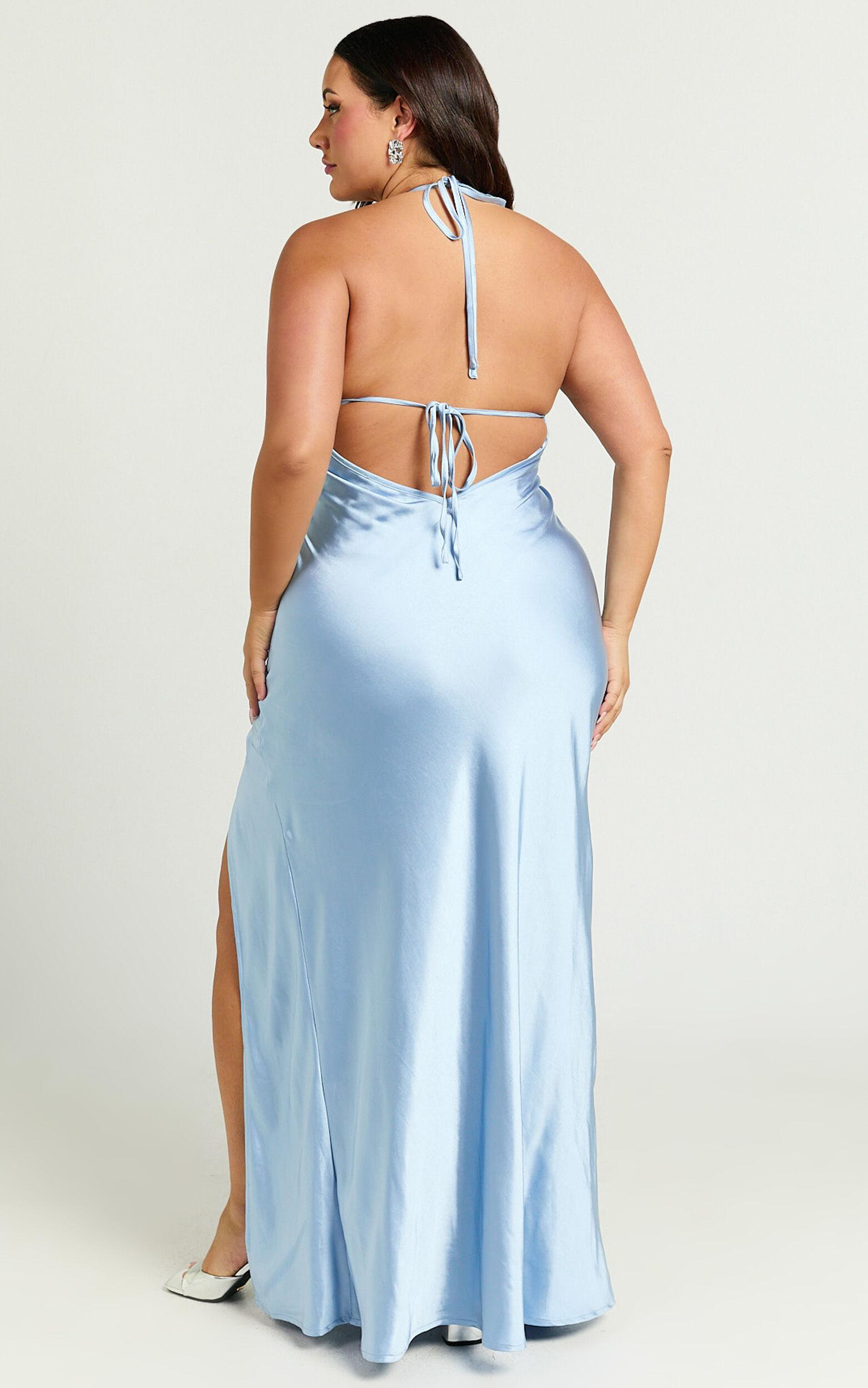 Adriene Maxi Dress - Satin Plunge Halter Dress in Dove Blue Product Image
