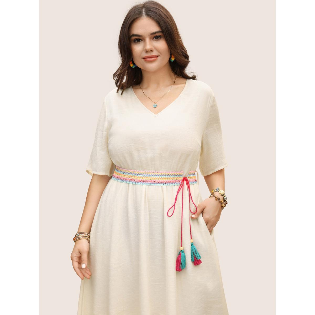 Plus Size V Neck Tassel Trim Mesh Midi Dress Originalwhite Women Resort V-neck Half Sleeve Curvy BloomChic 12/L Product Image