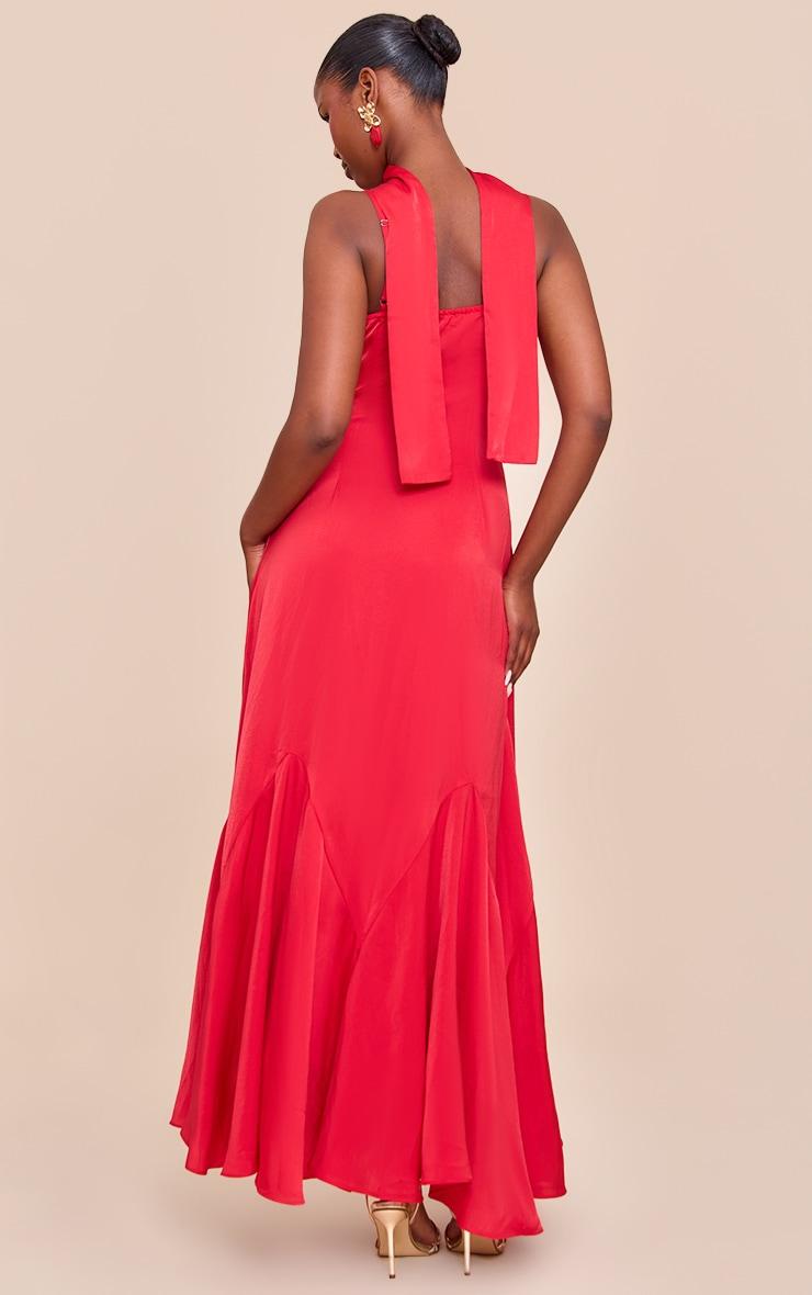 Red Satin V Neck Maxi Dress Product Image