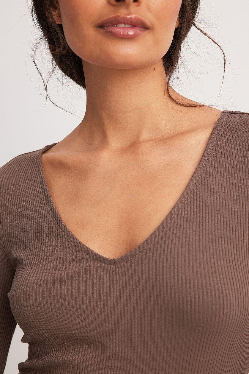 V-Neck Ribbed Long Sleeve Top Product Image