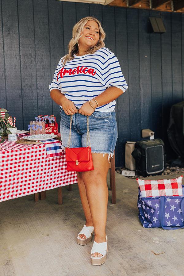 Risen Maeve High Waist Frayed Shorts in Medium Wash Curves Product Image