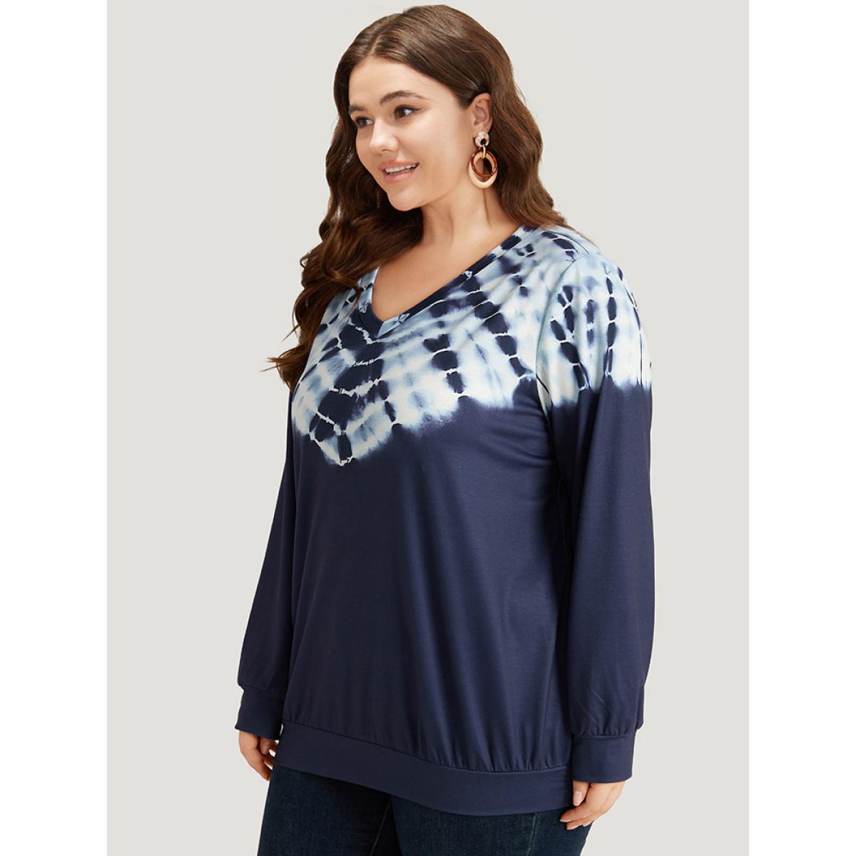 Plus Size Tie Dye V Neck Elastic Cuffs Contrast Sweatshirt Women Indigo Casual Elastic cuffs V-neck Dailywear Sweatshirts BloomChic 28/5X Product Image