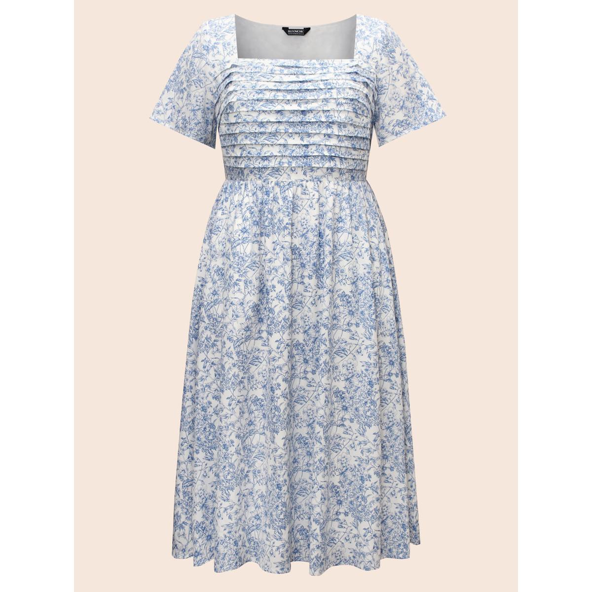 Plus Size Square Neck Floral Tucked Seam Dress Skyblue Women Elegant Tucked seam Square Neck Short sleeve Curvy BloomChic 30/6X Product Image